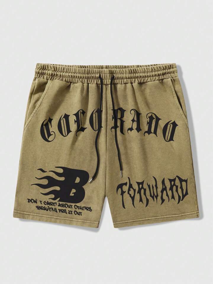Prep Men's Front Tie Letter Print Pocket Shorts, Casual Wear