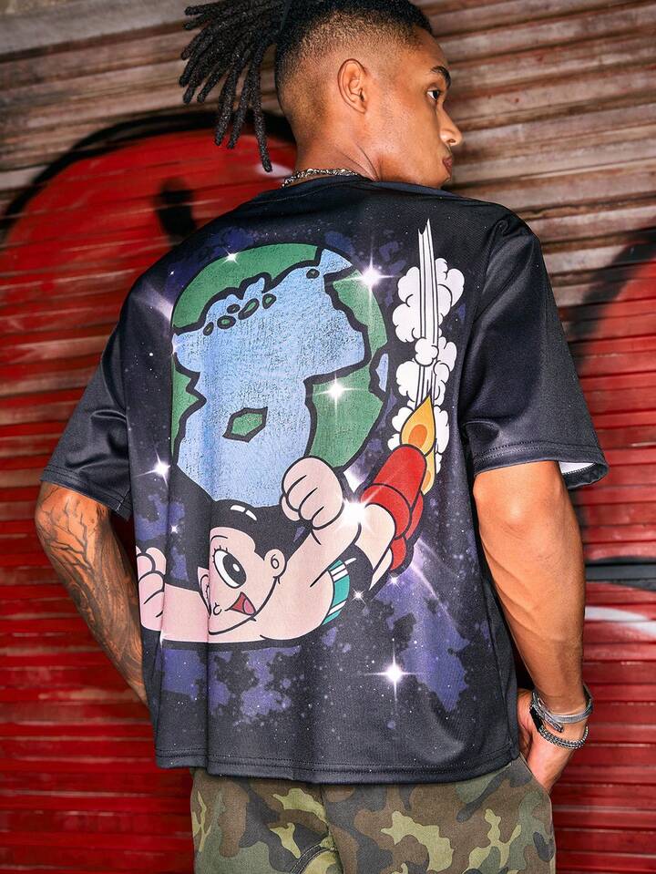 Astro Boy X ROMWE Men's Cartoon Figure Graphic Black Short Sleeve T-Shirt