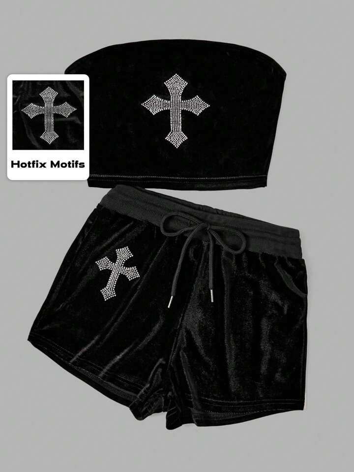 Goth Y2K Style Sexy Cross Rhinestones Velvet Tube Top And Drawstring Velvet Shorts 2Pcs Set For Women