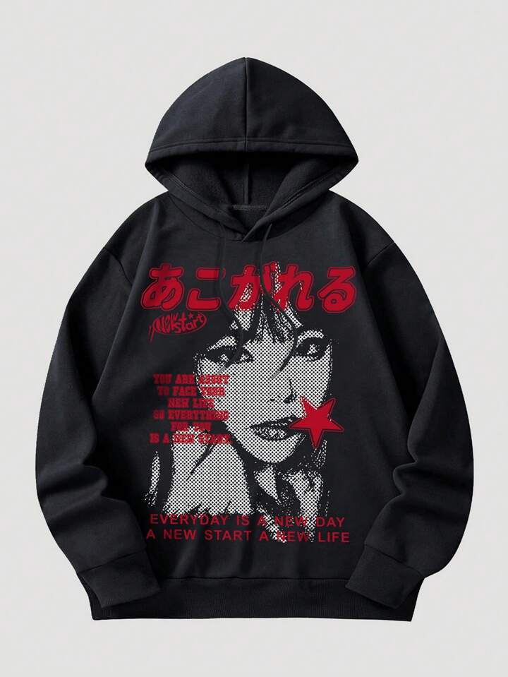 Anime Men's Casual Figure & Slogan Print Drawstring Hooded Fleece Sweatshirt, Autumn & Winter