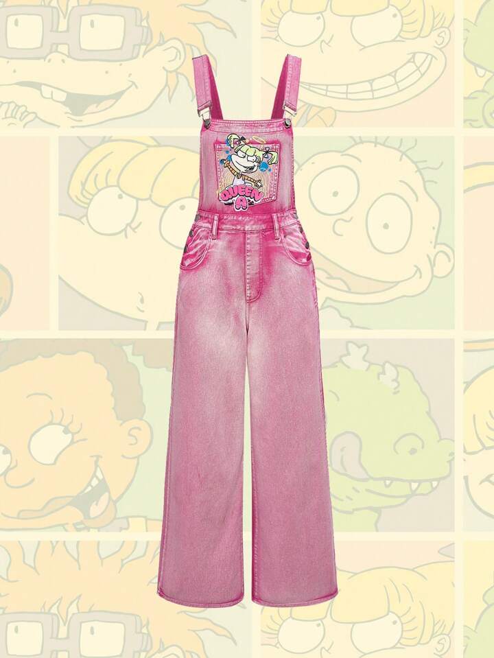 Nick 90's X ROMWE Cartoon Pattern Cute Pink Denim Jumpsuit
