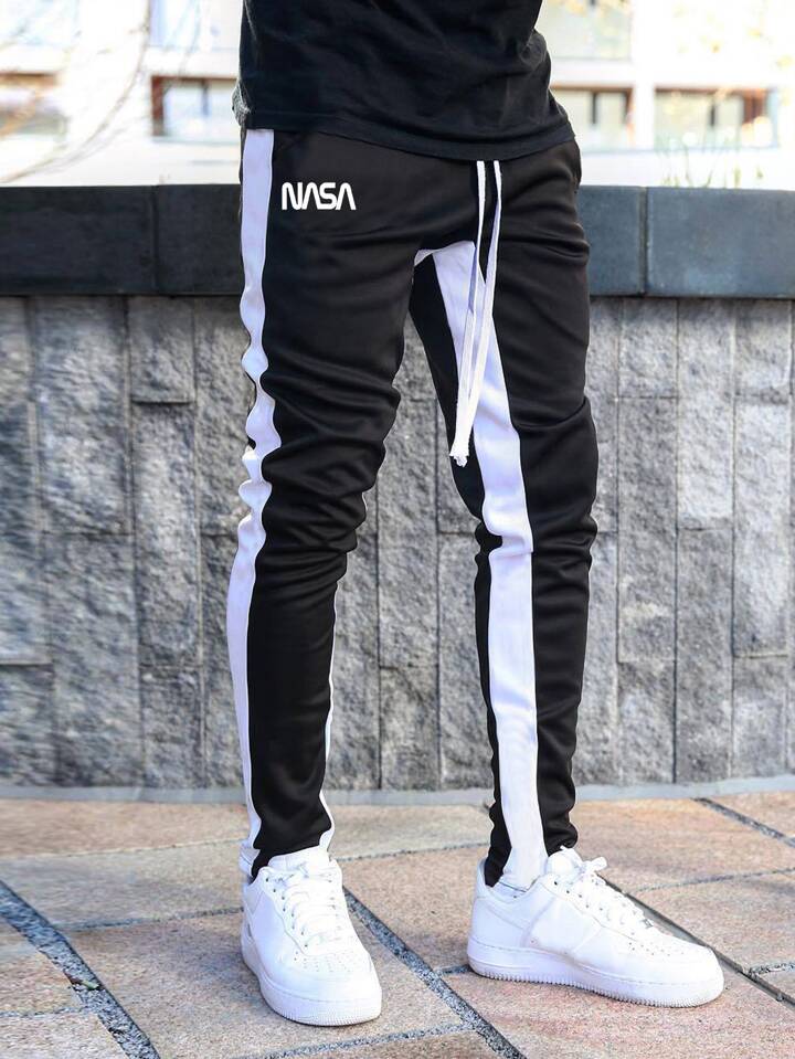 Guys Letter Graphic Contrast Side Seam Drawstring Waist Sweatpants