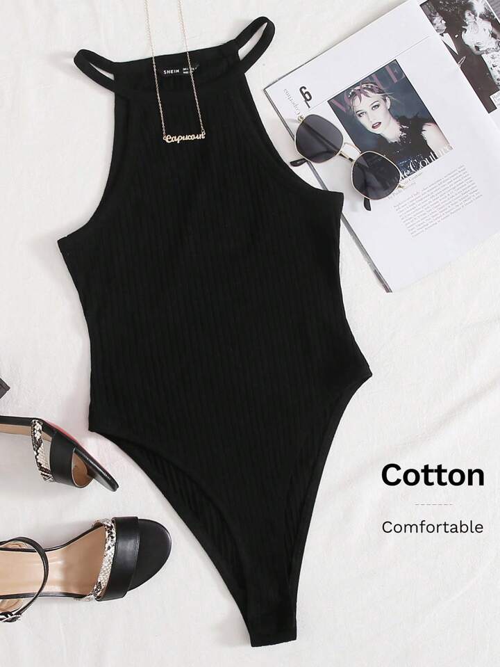 Women's Solid Color Rib-Knit Halter Bodysuit