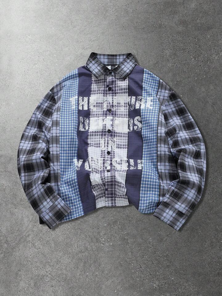 Men's Plaid Patchwork Long Sleeve Shirt, Streetwear American Style, Spring/Autumn