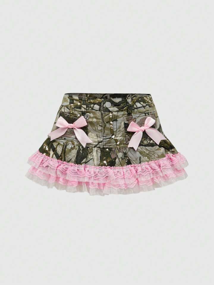 J-Fashion Women's Y2K Camouflage Vintage Low Waist Sexy Lace Patchwork Ruffle Hem Super Short Mini Denim Skirt