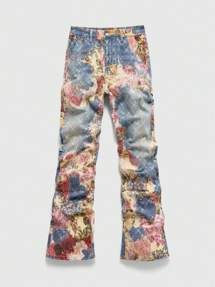 Casual Men's Floral Pattern Pocket Straight Loose Fit Jeans