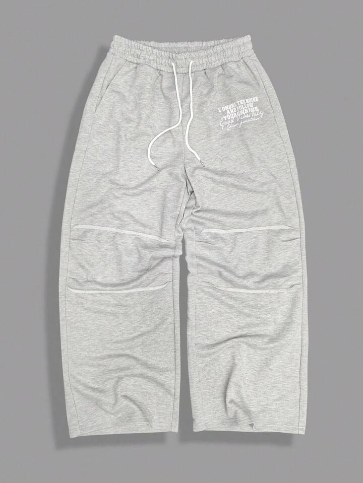 Men's Slogan Print Drawstring Waist Pocket Loose Fit Casual Sweatpants