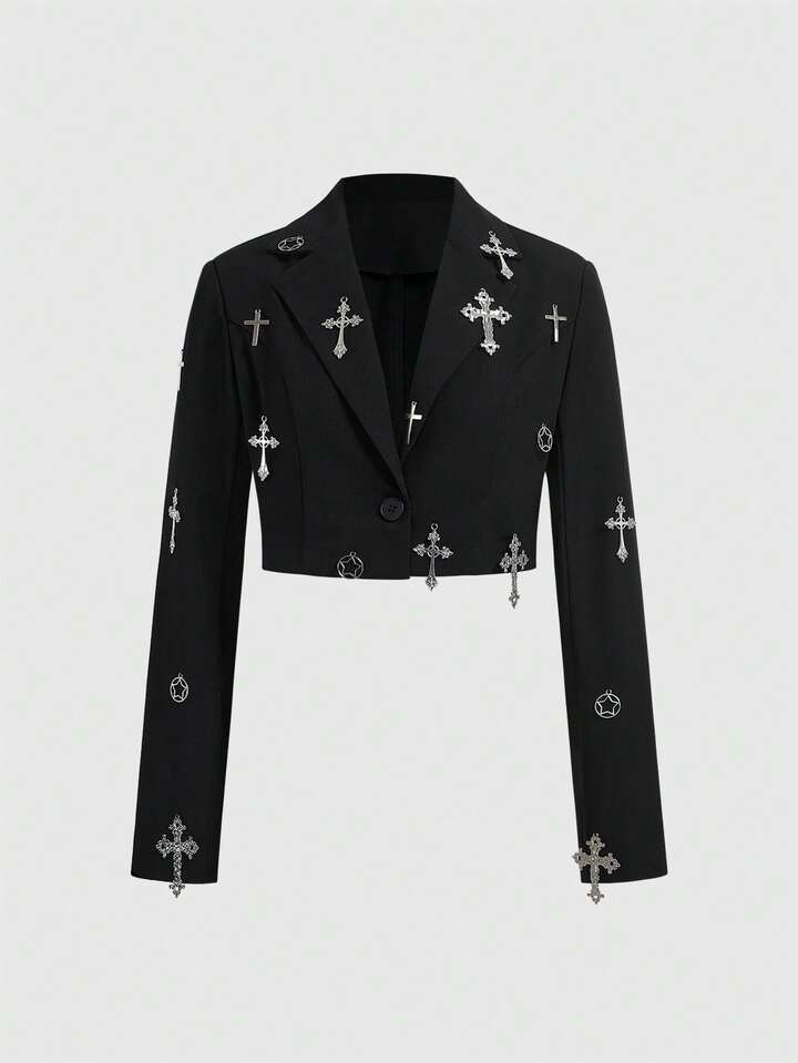 Punk Metal Cross Pendant Cropped Fitted Blazer