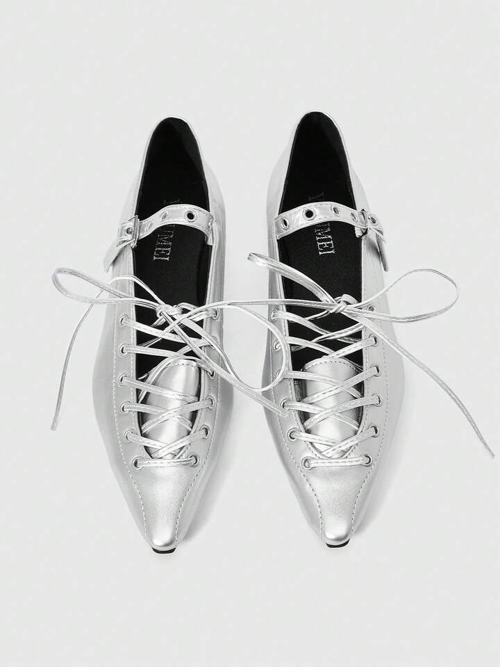 Women's Closed Toe Mary Jane Shoes, Punk Goth Rock Style, Pointed Toe, Sexy Criss-Cross Strap, Formal Work Flat Shoes