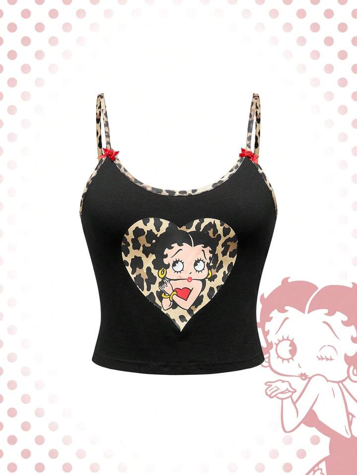 Betty Boop | ROMWE Casual Cartoon Character & Leopard Print Contrast Bowknot Decor Cami Top, Summer, School