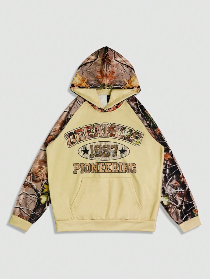Street Life 1pc Japan Letter Print Long Sleeve Kangaroo Pocket Hoodie