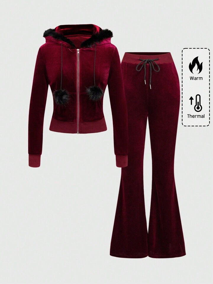 Ladies Red Velvet Patchwork Hooded Fur Collar Two-Piece Set, Suitable For Valentine's Day