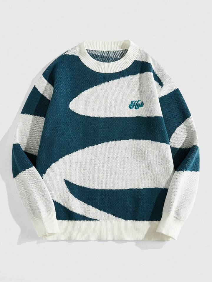 Prep Men's Round Neck Asymmetrical Color Block Jacquard Knit Sweater, Street Fashion , Fall Winter