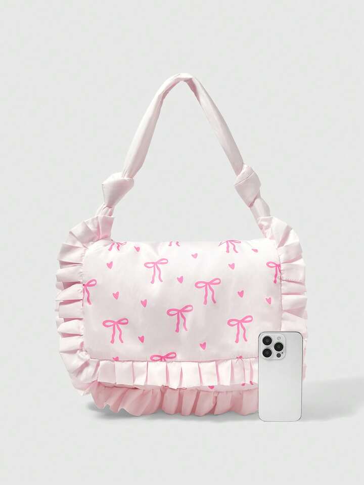 Kawaii Women's Bow Print Frilled Edge Cute Tote Bag