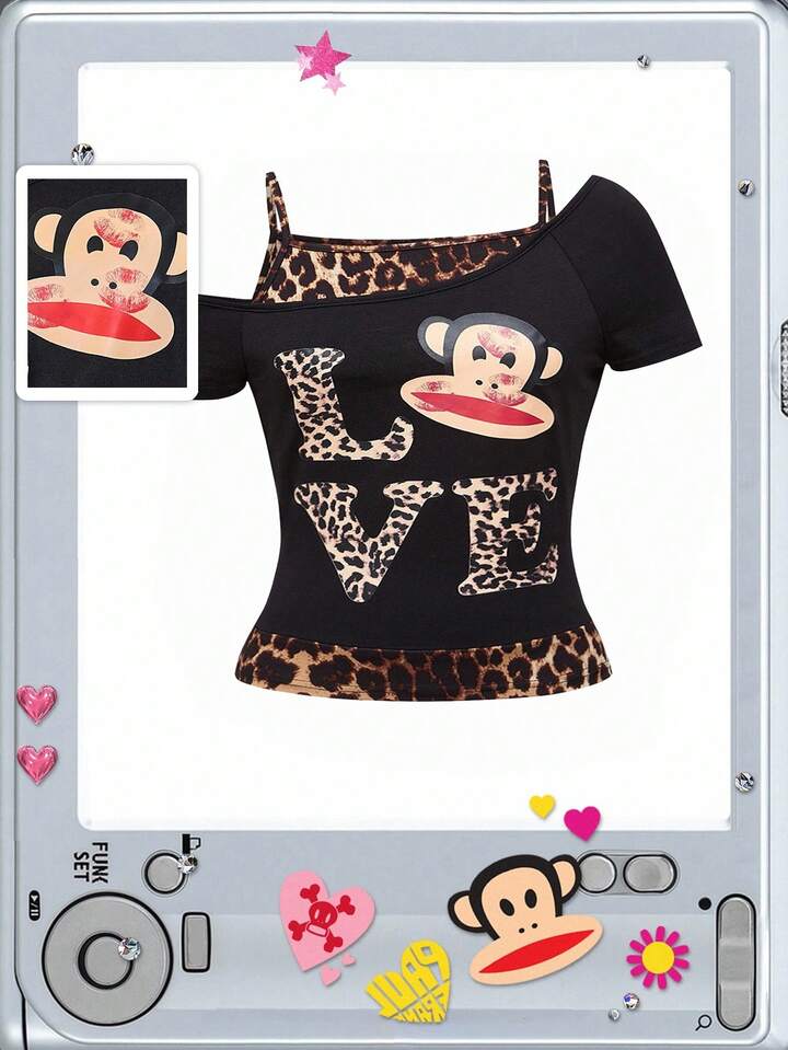 Paul Frank X ROMWE Plus Size Women Kpop Y2K Summer Casual Fashionable Street Leopard & Cartoon Pattern Asymmetrical Neck Fitted T-Shirt