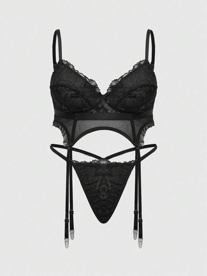 Plus Size Dark Gothic Floral Embroidery Fabric Underwire Bra Thong Sexy Lingerie Set