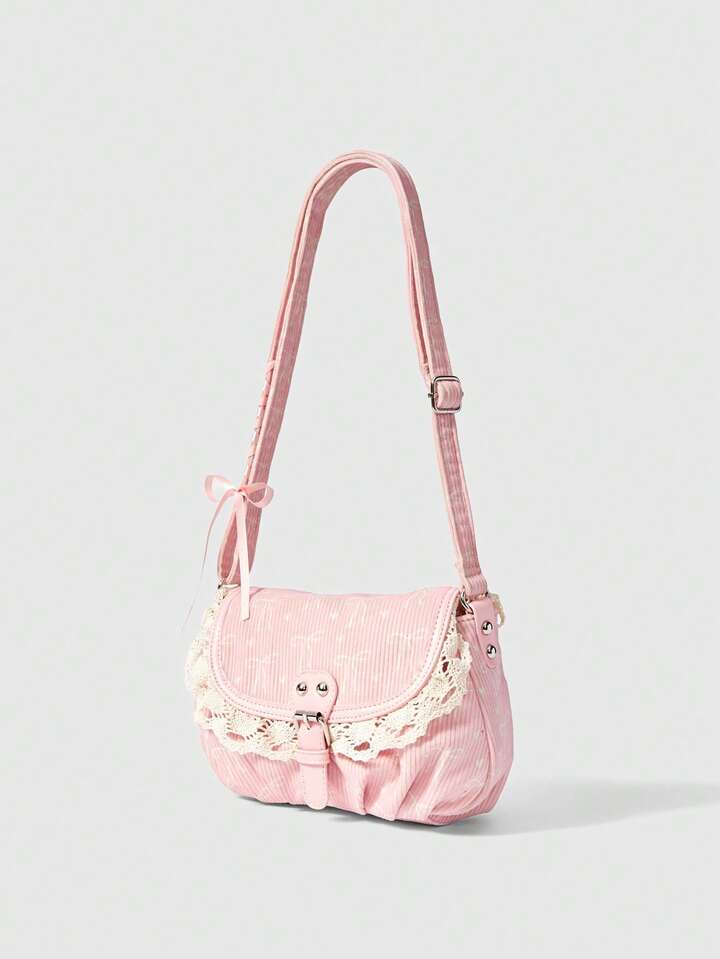 Kawaii Women's Bow Print Pink Crossbody Bag