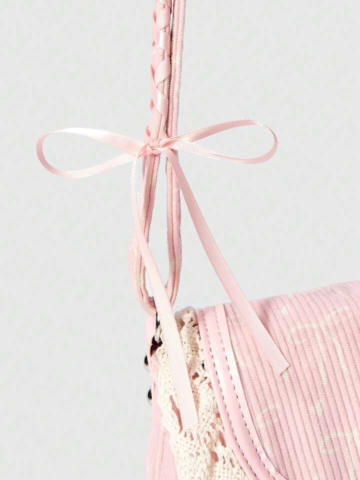 Kawaii Women's Bow Print Pink Crossbody Bag