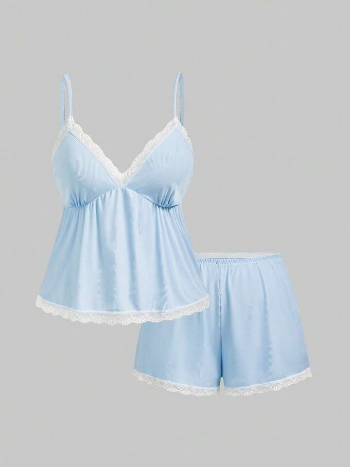 Kawaii Plus Size Sweet & Cute Doll Style Ribbed & Lace Camisole & Shorts Pajama Set