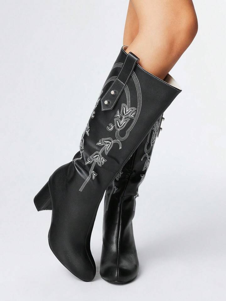 Fairycore Women's Embroidered Pattern Black PU Over-The-Knee Western Boots