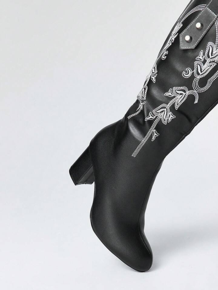 Fairycore Women's Embroidered Pattern Black PU Over-The-Knee Western Boots 3 Fairycore Women's Embroidered Pattern Black PU Over-The-Knee Western Boots
