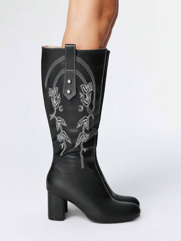 Fairycore Women's Embroidered Pattern Black PU Over-The-Knee Western Boots 4 Fairycore Women's Embroidered Pattern Black PU Over-The-Knee Western Boots