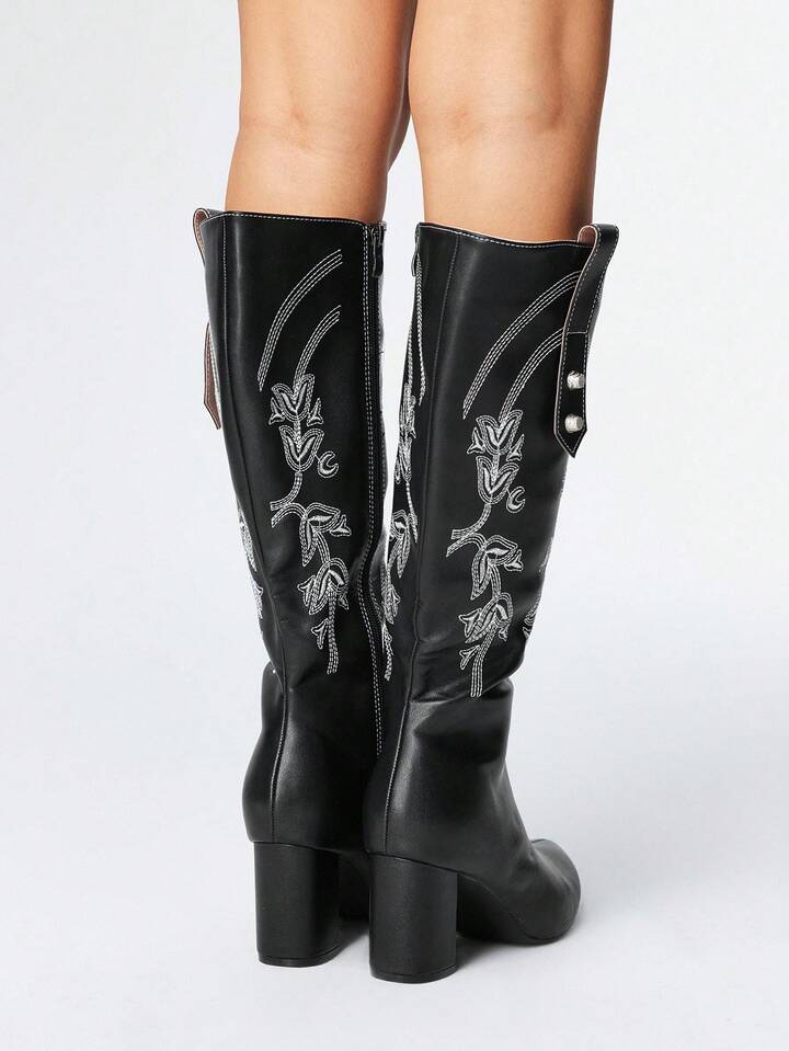 Fairycore Women's Embroidered Pattern Black PU Over-The-Knee Western Boots 5 Fairycore Women's Embroidered Pattern Black PU Over-The-Knee Western Boots