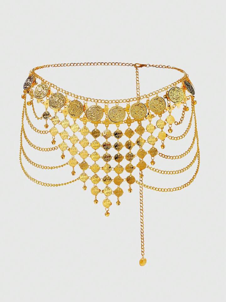 Fairycore 1pc Women Golden Coin Accessories With Bell Tassel Boho Chain Coin Decor Waist Skirt Dress Accessories, Versatile For Daily Wear