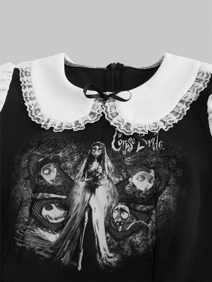 Corpse Bride | ROMWE Lolita Puff Sleeve Contrast Splice Dress For Women, Character Logo & Fairy Tale Print