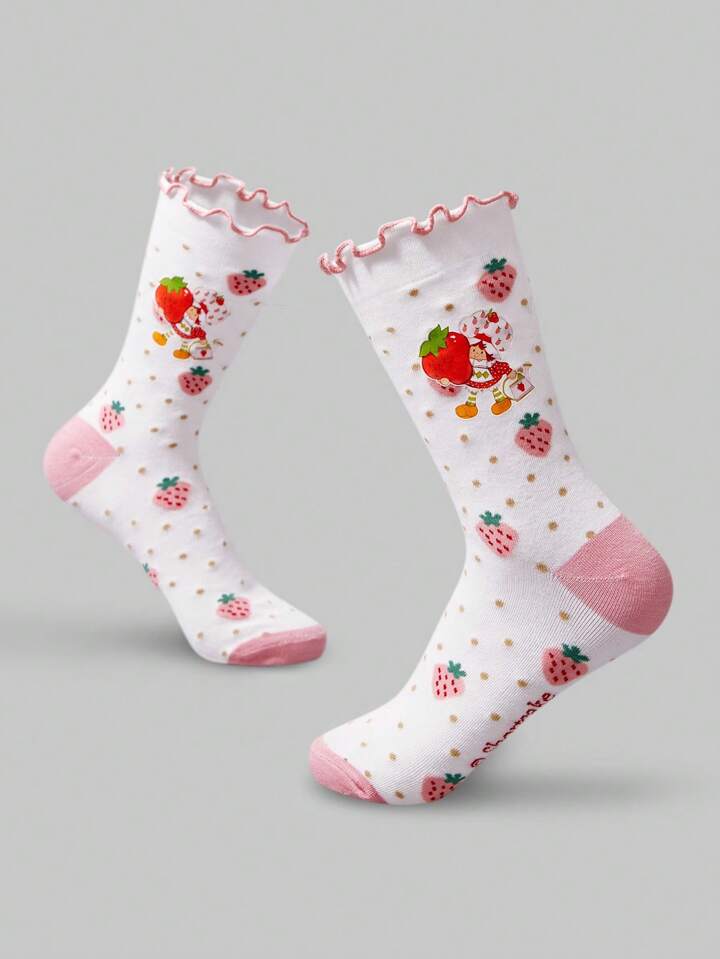 1 Pair Fashion Ruffle Trim Strawberry Pattern Mid-Calf Socks For Women