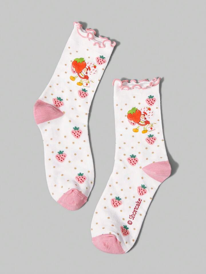 1 Pair Fashion Ruffle Trim Strawberry Pattern Mid-Calf Socks For Women