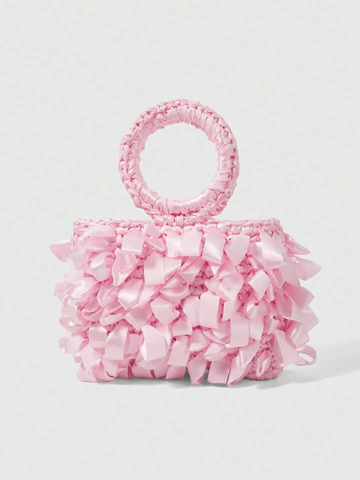 Kawaii Vacation Style Pink Braided Handle Tote Bag