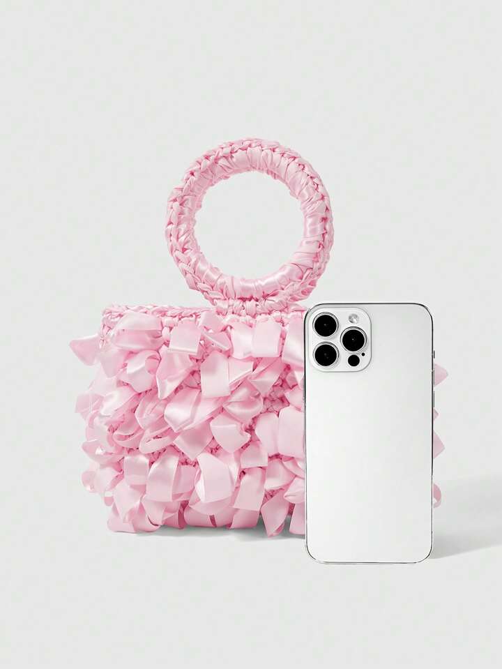 Kawaii Vacation Style Pink Braided Handle Tote Bag