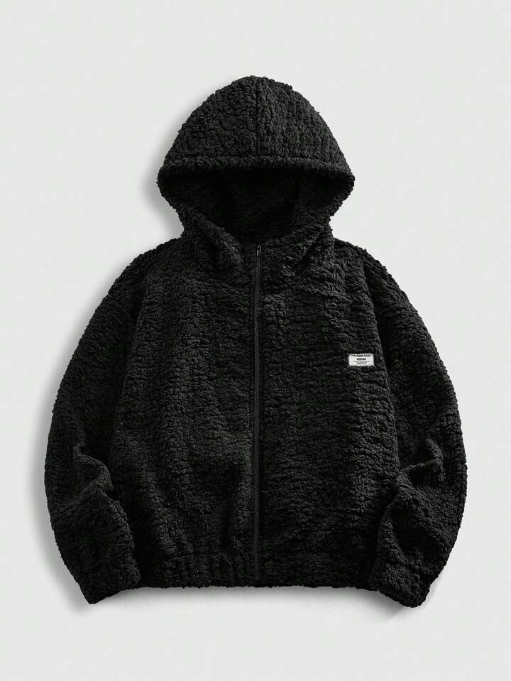 Men's Casual Letter Patch Zip-Up Fleece Hoodie, Autumn/Winter