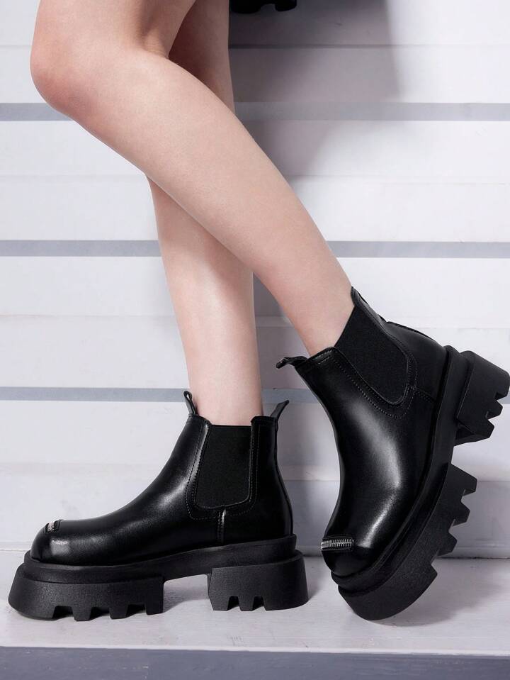 Women's Decorated Zipper Low Heel Chelsea Boots, Black Dark Punk Street Punk Ankle Boots For Daily Wear