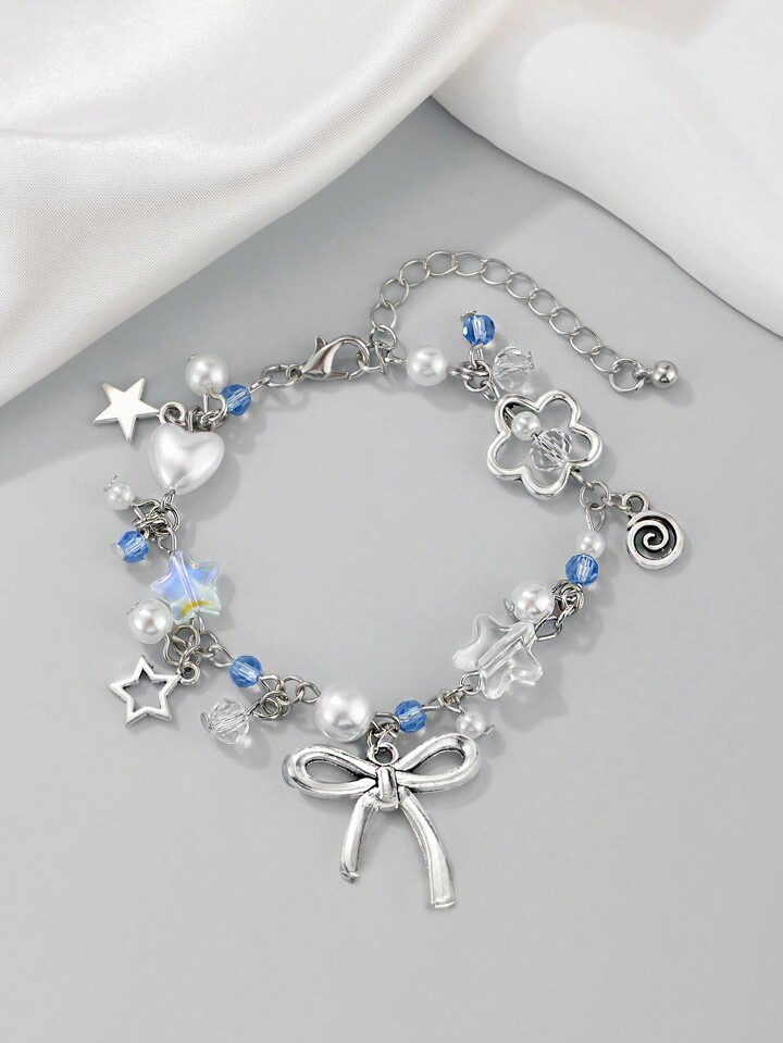 Kawaii 1pc Fashionable Sweet And Simple Star, Flower, Bowknot Crystal Pearl Pendant Chain Bracelet Valentines,Mom,Mother,Mother's Day,Gift