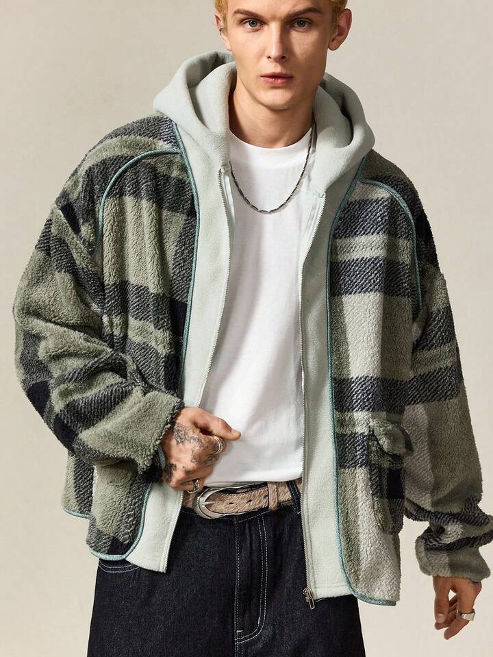 Prep Men's Casual Plaid Patchwork Hoodie Sweatshirt, Autumn/Winter
