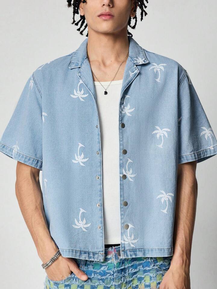 Men's Casual Washed Coconut Tree Print Short Sleeve Denim Shirt, Vacation
