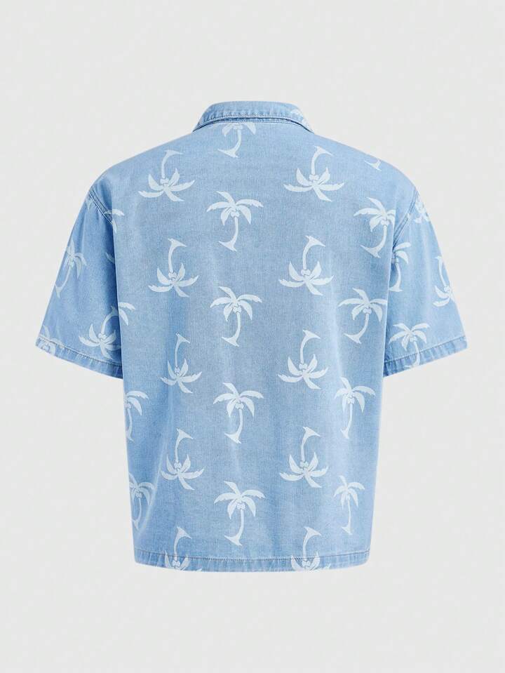 Men's Casual Washed Coconut Tree Print Short Sleeve Denim Shirt, Vacation