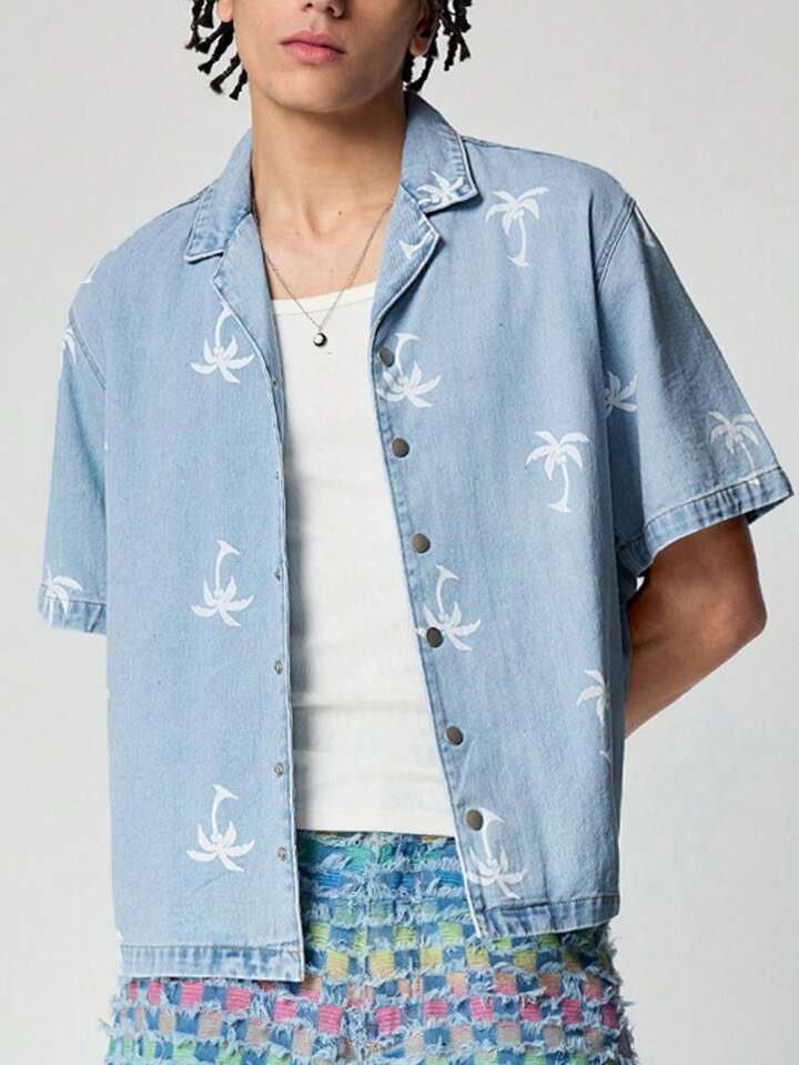 Men's Casual Washed Coconut Tree Print Short Sleeve Denim Shirt, Vacation