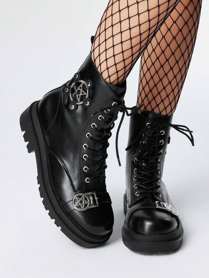 Grunge Punk Gothic Style Round Toe Buckle Decor Chunky Heel PU Leather Black Punk Boots, Suitable For Party, Daily Wear, And Collegiate Style
