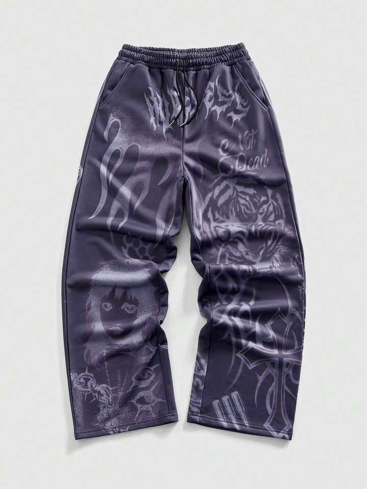 Street Life Men's Casual Fashion Street Tiger Flame Letter Print Drawstring Waist Loose Wide Leg Sweatpants