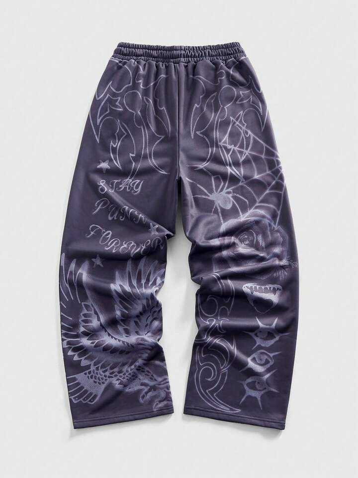 Street Life Men's Casual Fashion Street Tiger Flame Letter Print Drawstring Waist Loose Wide Leg Sweatpants