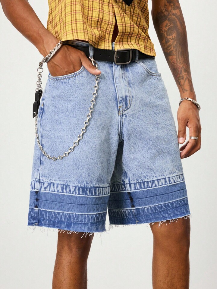Casual Men's Fashion Pockets Frayed Hem Color Block Denim Shorts