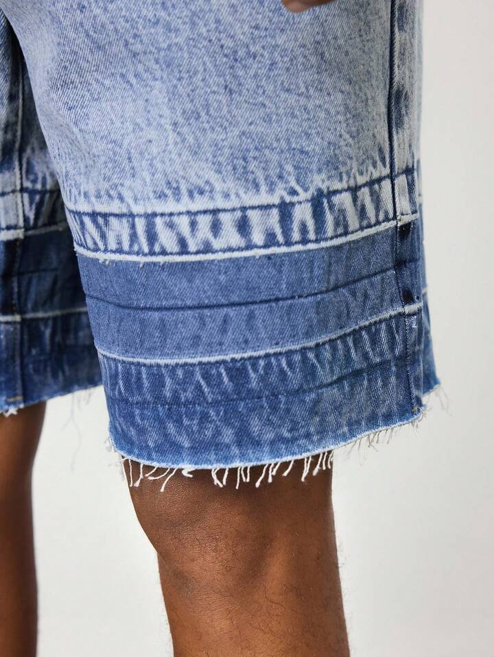 Casual Men's Fashion Pockets Frayed Hem Color Block Denim Shorts