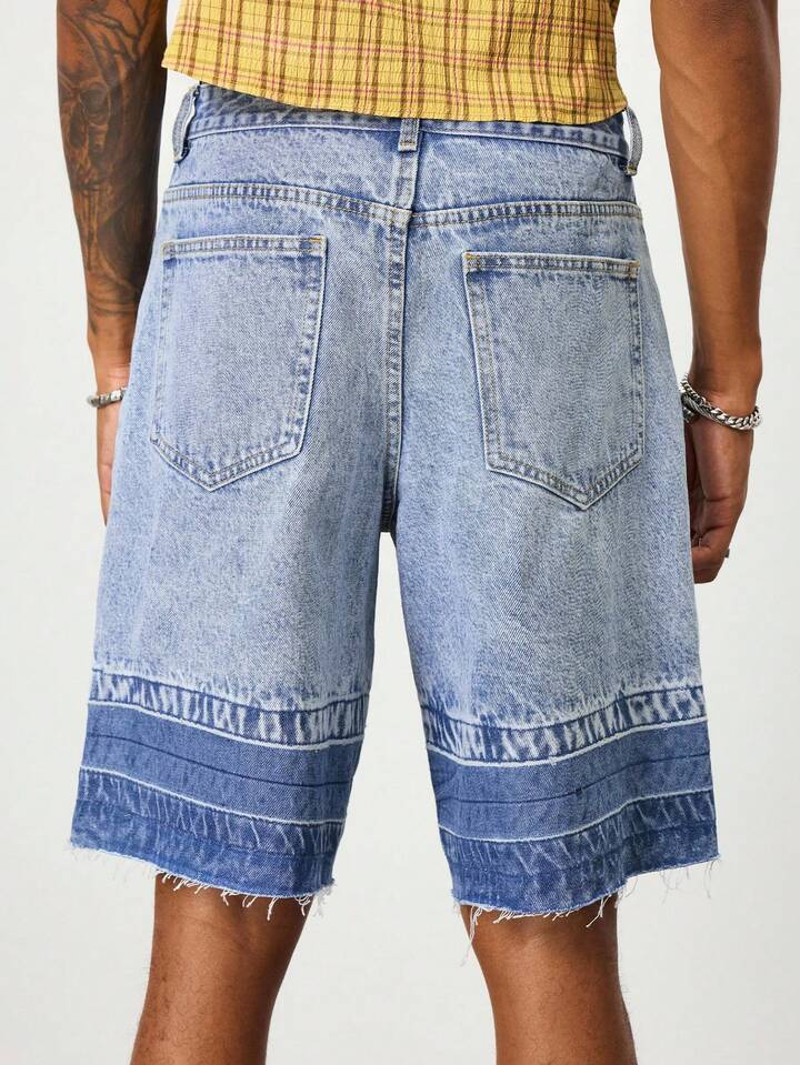 Casual Men's Fashion Pockets Frayed Hem Color Block Denim Shorts