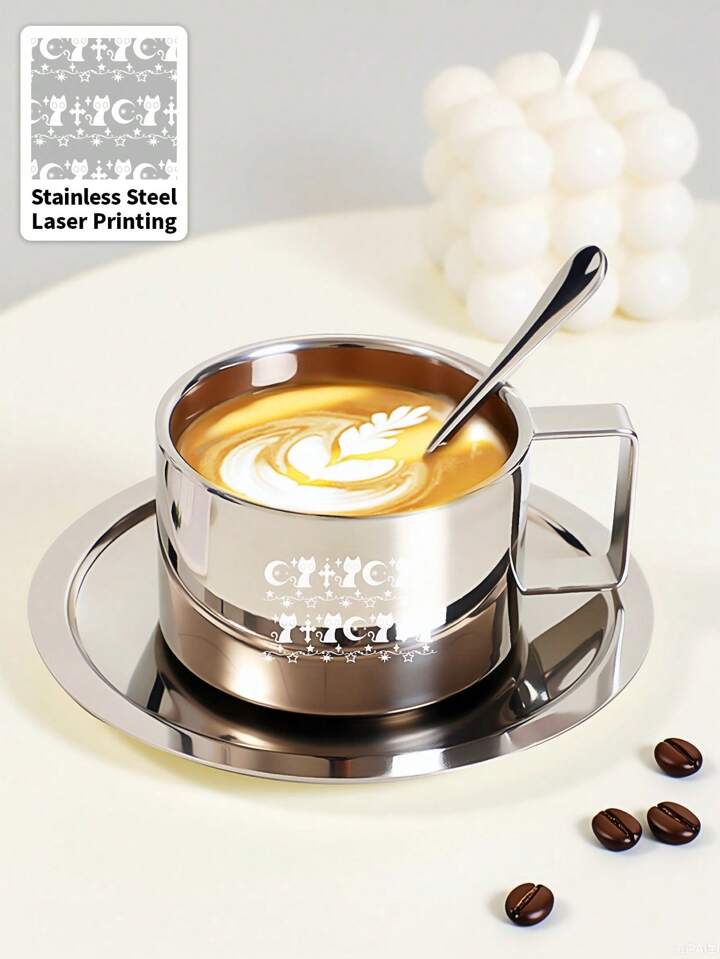 1pc Gothic 200ml Stainless Steel Coffee Cup,Gothic Coffee Cup Set, Cute Cat And Moon Pattern, Coffee Cup Set, Vintage Coffee Tea Cup, Retro,Suitable For Restaurant Or Home,Home Decor, Halloween