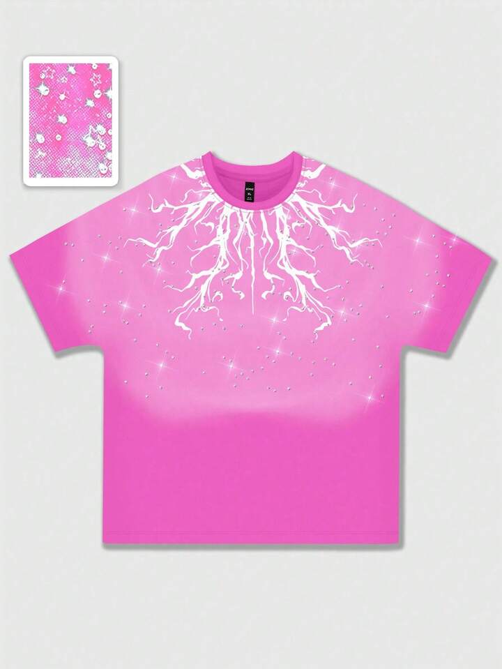 Men's Street Life Rhinestone Print Short Sleeve T-Shirt, Suitable For Daily Wear