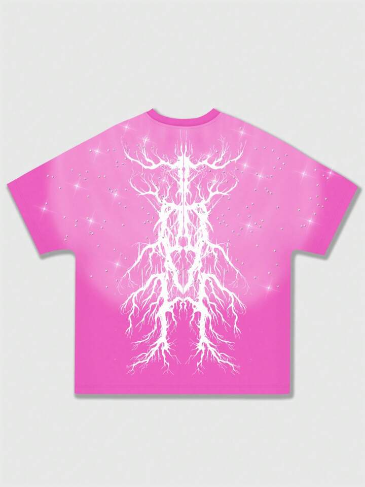 Men's Street Life Rhinestone Print Short Sleeve T-Shirt, Suitable For Daily Wear