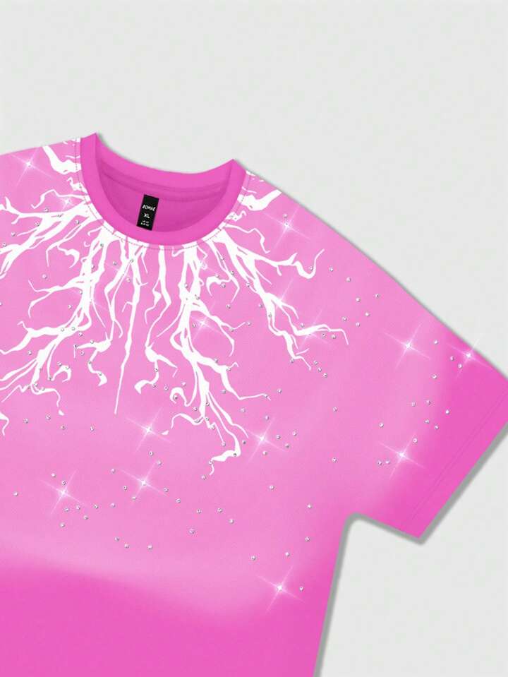 Men's Street Life Rhinestone Print Short Sleeve T-Shirt, Suitable For Daily Wear